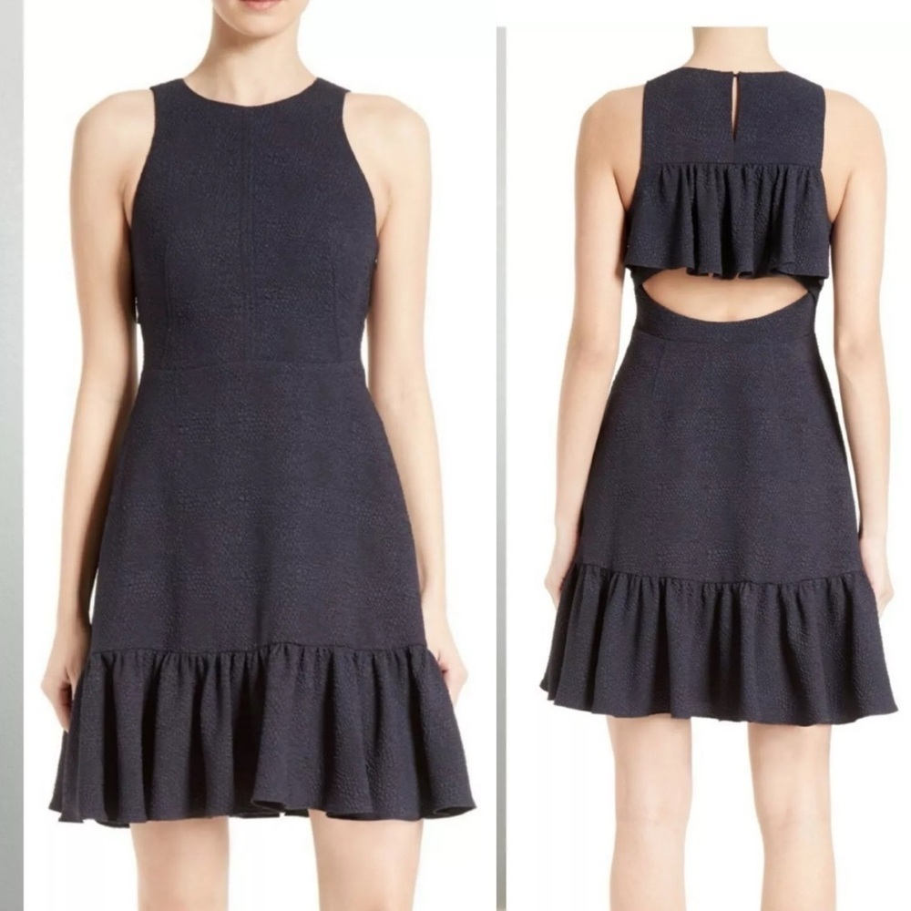 REBECCA TAYLOR Dress Size 4 Textured Stretch Woven Ruffle Cut Out Back Navy